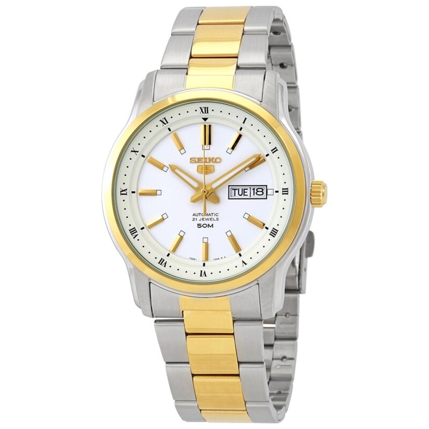 Seiko 5 SNKP14K1 automatic dress watch with white dial, gold-tone accents, day-date display and two-tone stainless steel bracelet.