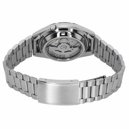 Rear view of the Seiko 5 SNXS73K1 automatic watch showing the exhibition caseback, visible mechanical movement, stainless steel bracelet, and clasp.