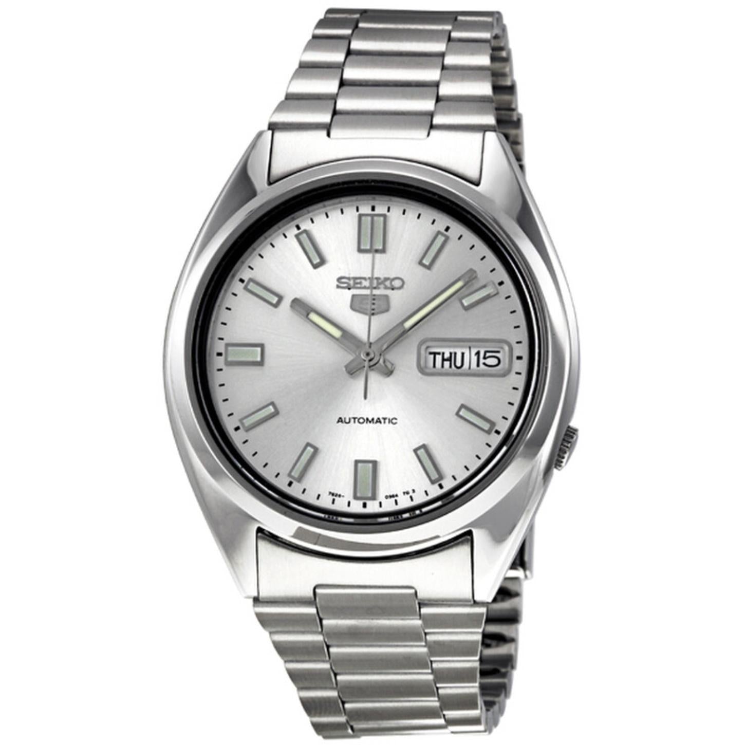Seiko 5 SNXS73K1 automatic watch featuring a silver dial, luminous hands and hour markers, day-date display, polished silver-tone case, and stainless steel bracelet.