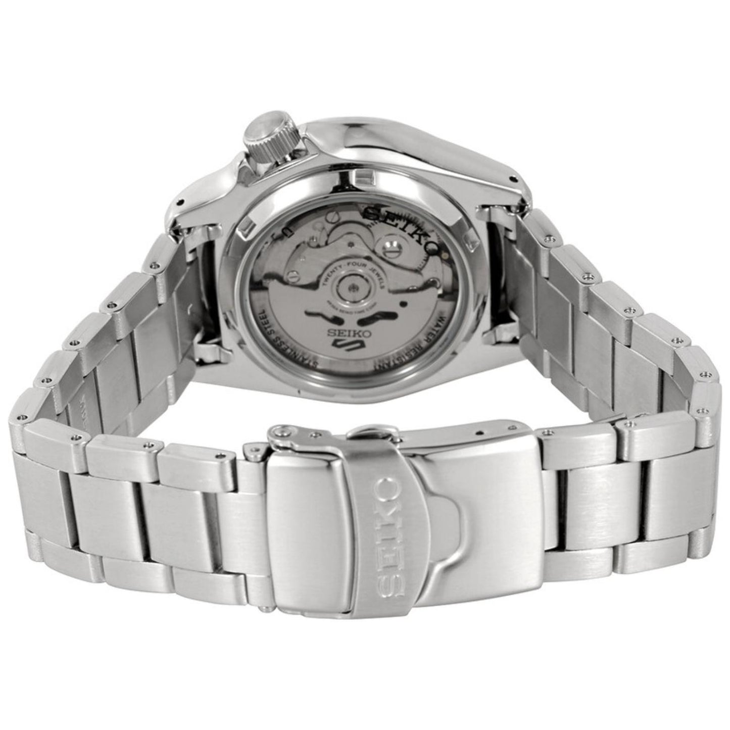 Seiko 5 Sports SRPE55K1 with exhibition caseback, visible automatic movement, stainless steel bracelet, and folding clasp with Seiko branding.