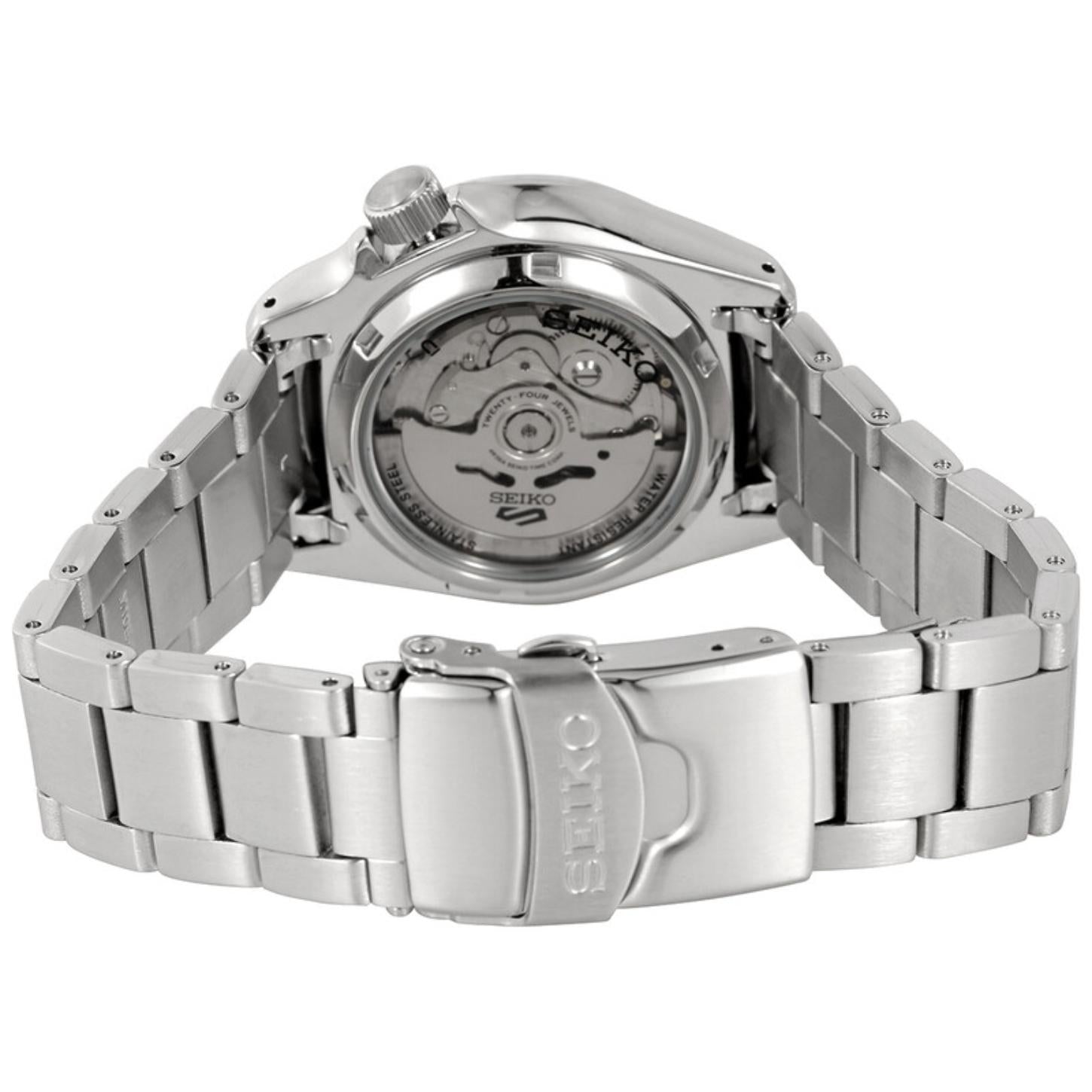 Seiko 5 Sports SRPE55K1 with exhibition caseback, visible automatic movement, stainless steel bracelet, and folding clasp with Seiko branding.