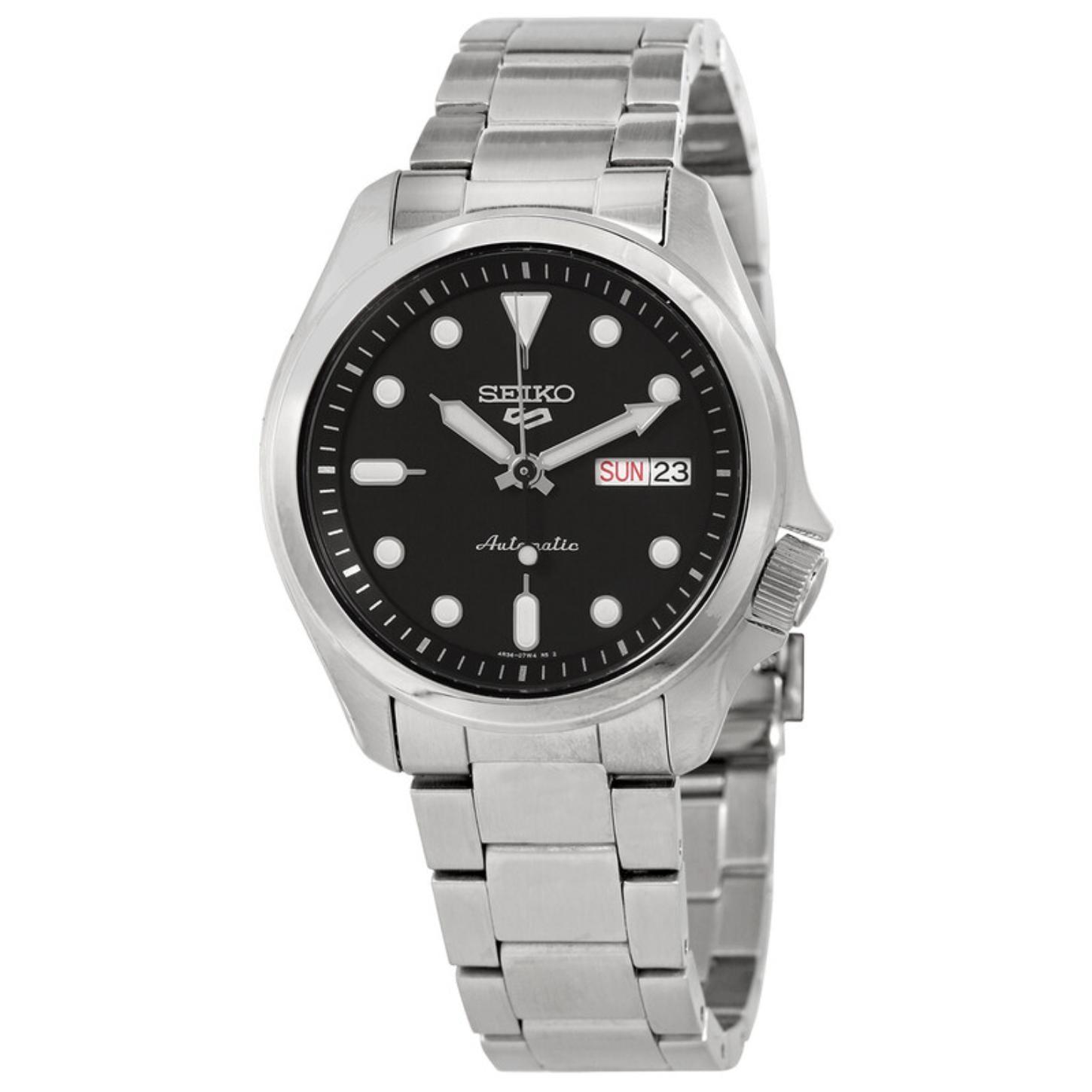 Seiko 5 Sports SRPE55K1 with black dial, luminous hour markers, day-date display, side crown, stainless steel case, and stainless steel bracelet.