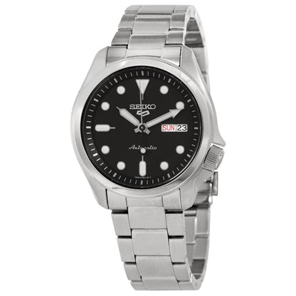 Seiko 5 Sports SRPE55K1 with black dial, luminous hour markers, day-date display, side crown, stainless steel case, and stainless steel bracelet.