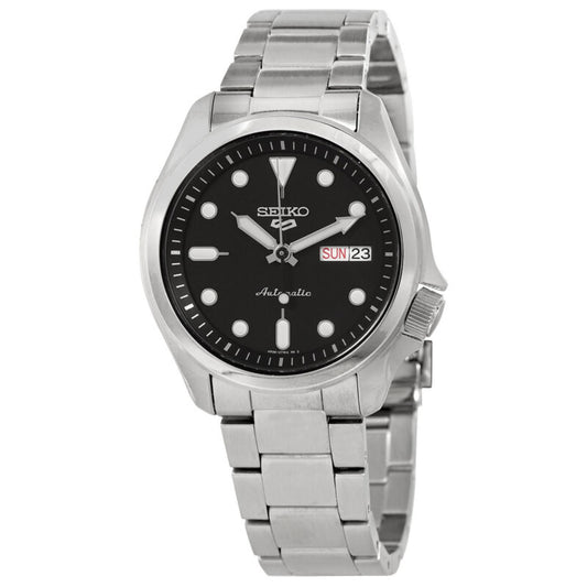 Seiko 5 Sports SRPE55K1 with black dial, luminous hour markers, day-date display, side crown, stainless steel case, and stainless steel bracelet.