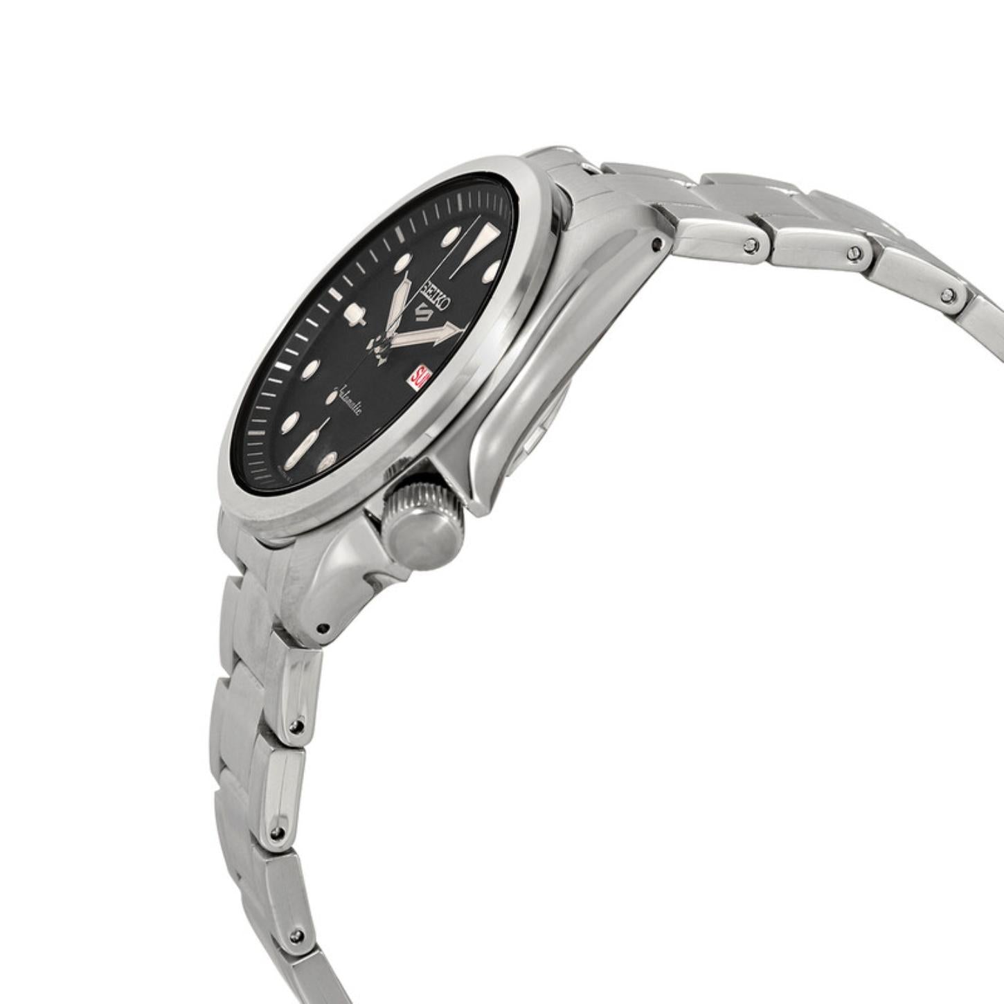 Seiko 5 Sports SRPE55K1 with side profile stainless steel case, side crown, black dial, and stainless steel bracelet.