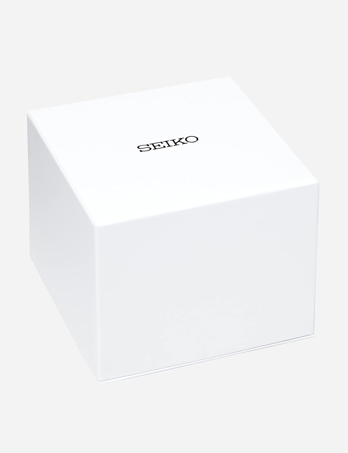 Caja de presentación blanca de Seiko con el logotipo de la marca impreso en la parte superior.
