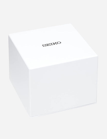 Caja de presentación blanca de Seiko con el logotipo de la marca impreso en la parte superior.