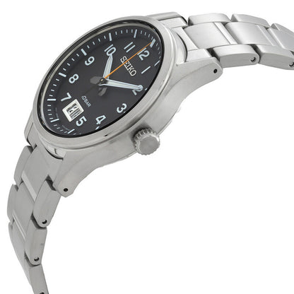 Seiko Classic SUR569P1 men's quartz watch angled side profile highlighting the crown and steel case.
