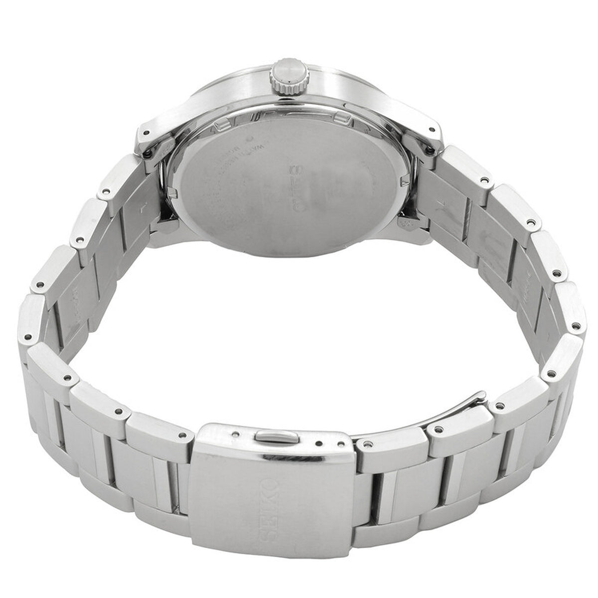 Seiko Classic SUR569P1 men's quartz watch back case and stainless steel bracelet clasp.