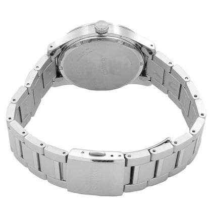 Seiko Classic SUR569P1 men's quartz watch back case and stainless steel bracelet clasp.