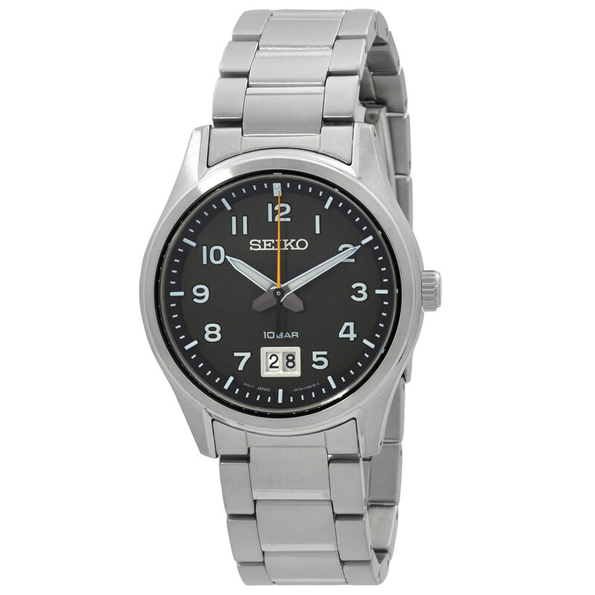 Seiko Classic SUR569P1 men's quartz watch with black dial, Arabic numerals, and stainless steel bracelet.