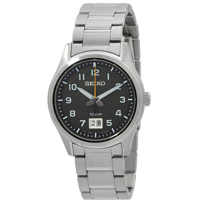 Seiko Classic SUR569P1 men's quartz watch with black dial, Arabic numerals, and stainless steel bracelet.