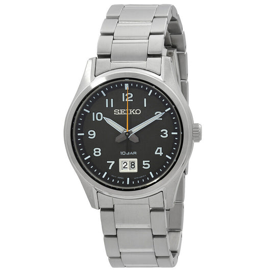 Seiko Classic SUR569P1 men's quartz watch with black dial, Arabic numerals, and stainless steel bracelet.