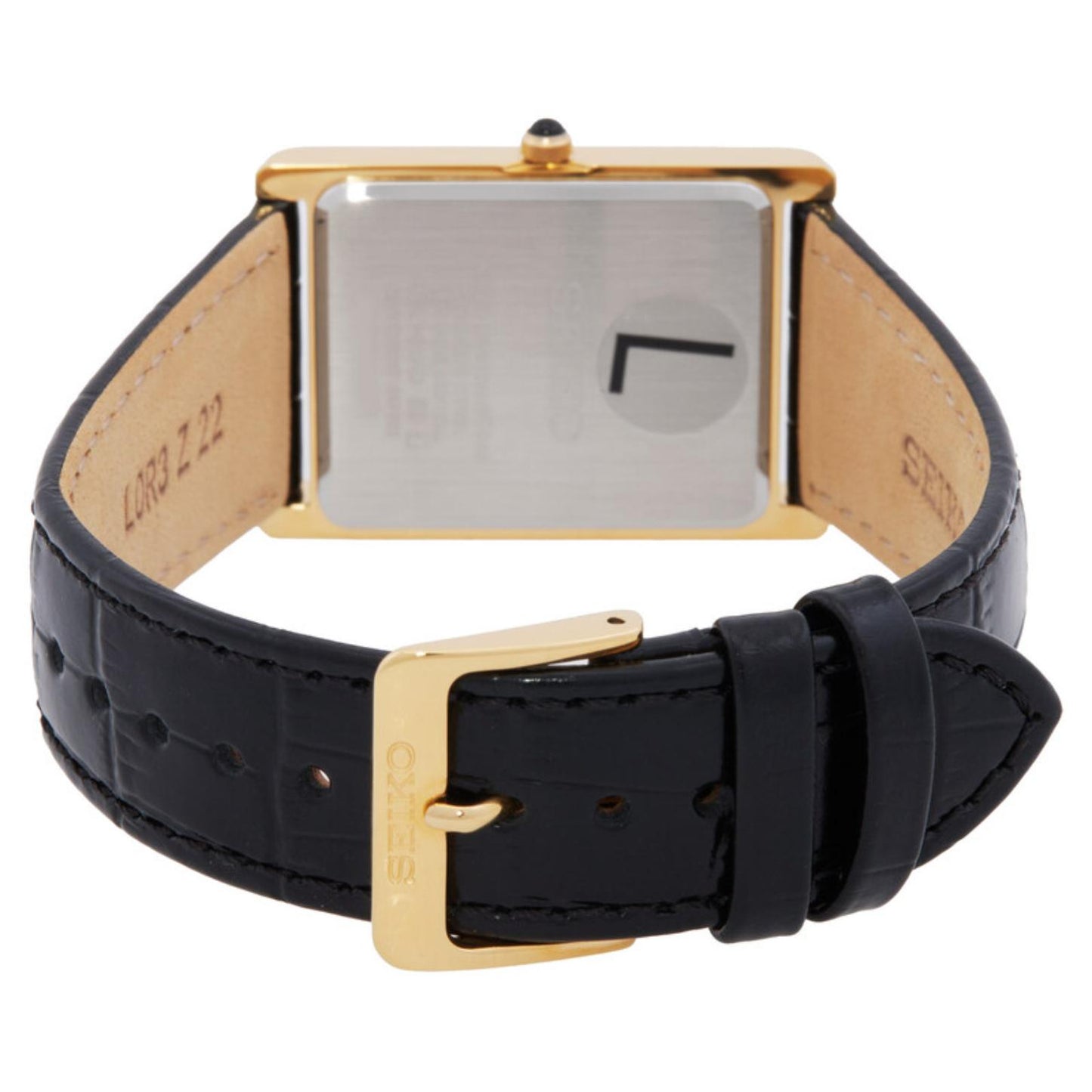 Rear view of the Seiko Classic SWR104P1 showing the rectangular caseback, black leather strap, gold-tone buckle, and crown.