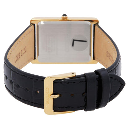 Rear view of the Seiko Classic SWR104P1 showing the rectangular caseback, black leather strap, gold-tone buckle, and crown.