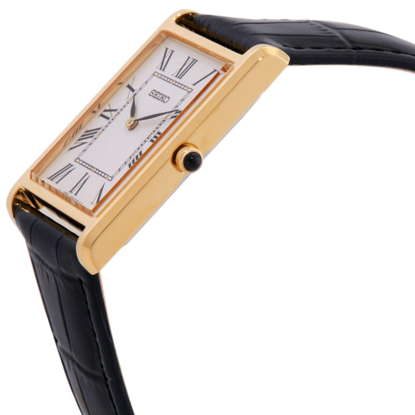 Side profile of the Seiko Classic SWR104P1 showing the slim rectangular gold-tone case, crown, white Roman numeral dial, and black leather strap.