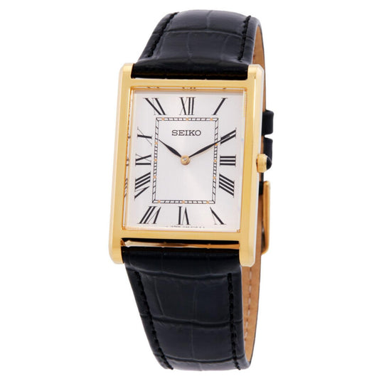 Seiko Classic SWR104P1 rectangular dress watch featuring a white dial with Roman numerals, gold-tone case, and black leather strap.