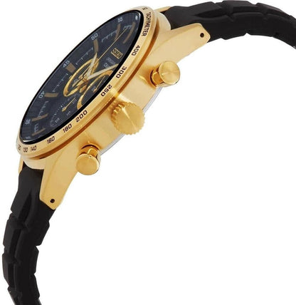 Reloj Seiko cronógrafo dorado con correa negra mostrado en vista lateral, destacando la corona y los pulsadores.