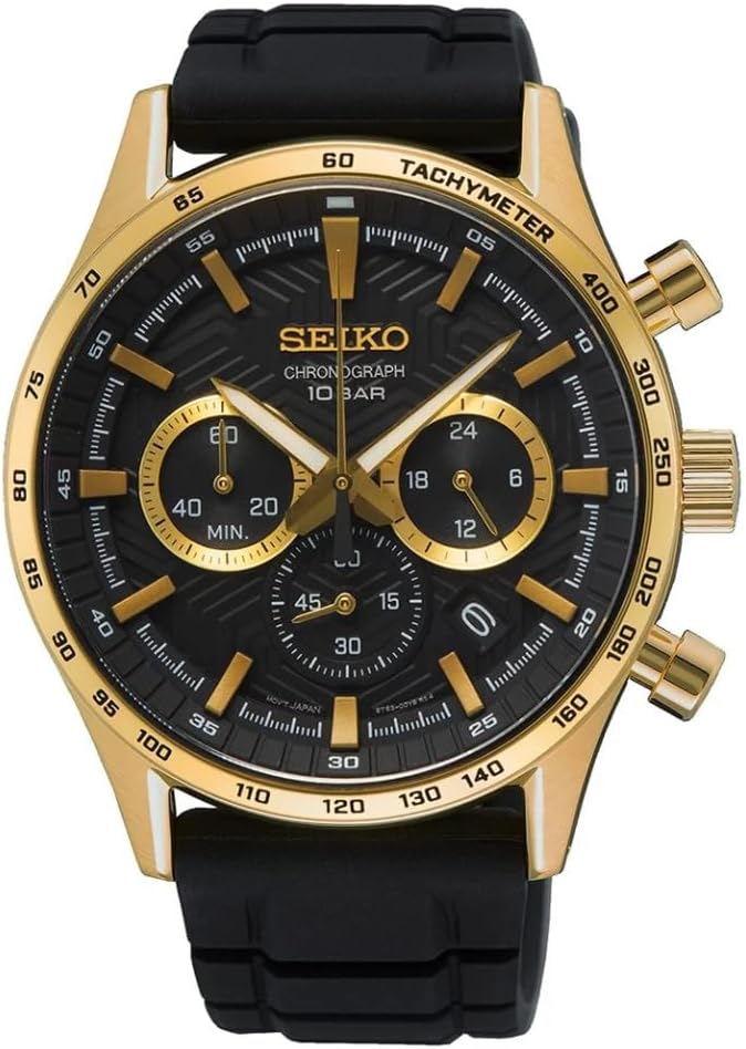Reloj Seiko cronógrafo dorado con esfera negra y correa negra mostrado en vista frontal.