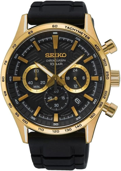 Reloj Seiko cronógrafo dorado con esfera negra y correa negra mostrado en vista frontal.