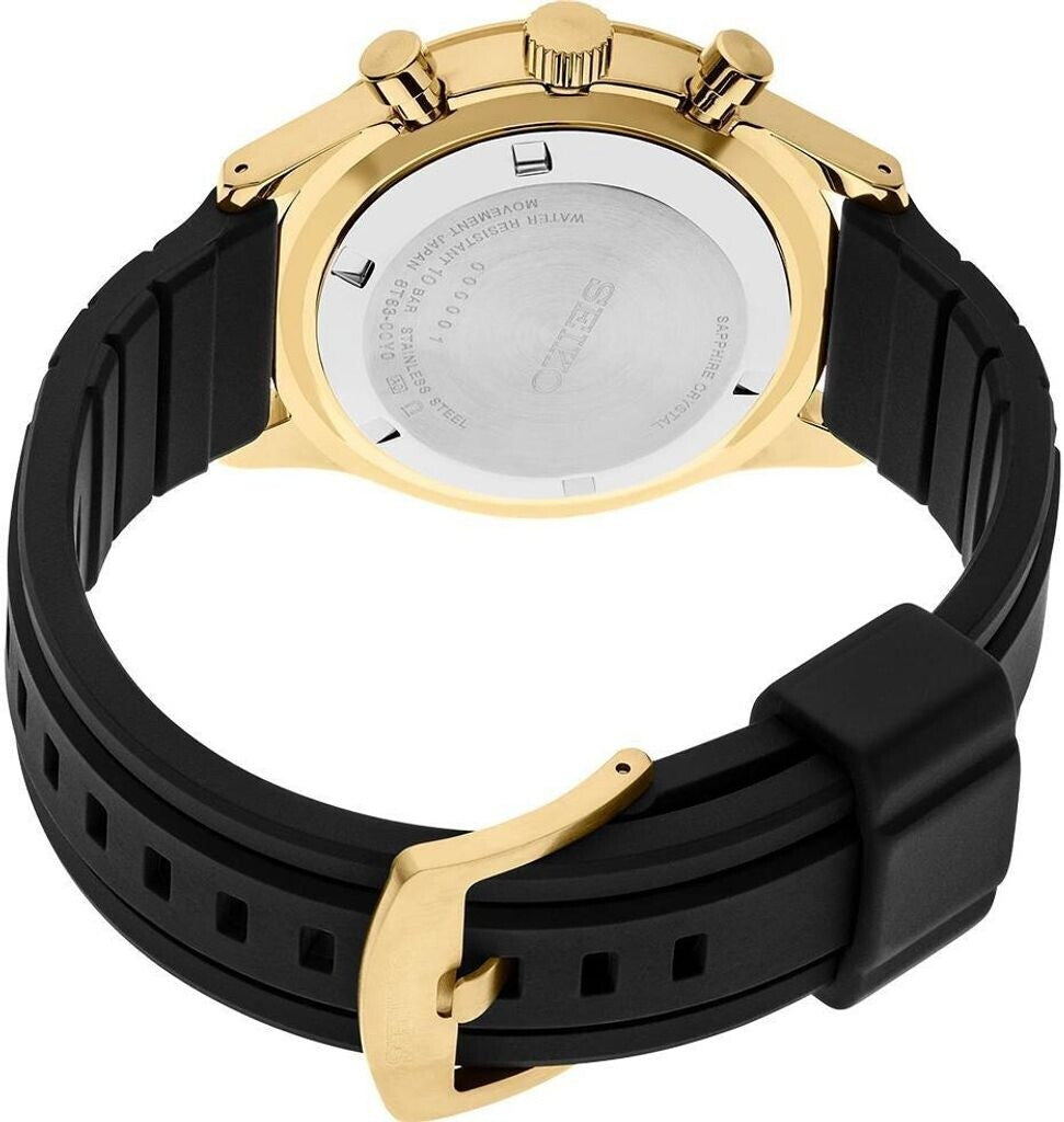 Reloj Seiko cronógrafo dorado con correa negra mostrado en vista trasera, destacando la tapa de acero y la hebilla dorada.