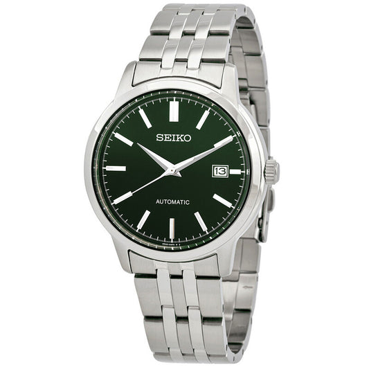 Seiko Essentials SRPH89K1 men's automatic watch featuring a vibrant green sunburst dial, silver-tone hands, baton markers, date window, and stainless steel bracelet.
