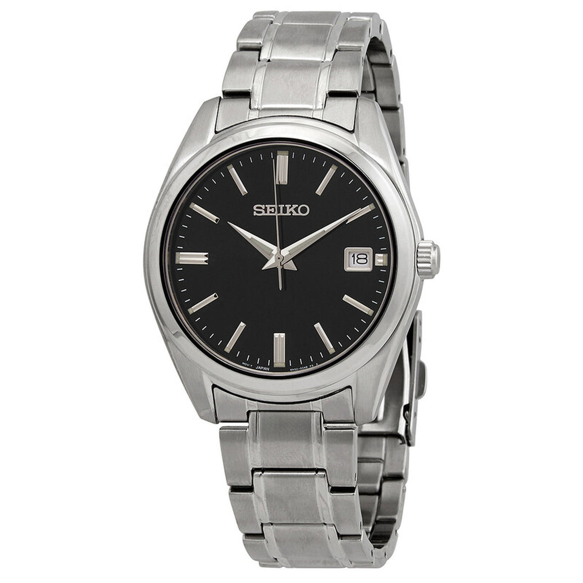 Seiko Essentials SUR311 men's quartz watch with a black dial, silver-tone hour markers, date window, and stainless steel bracelet