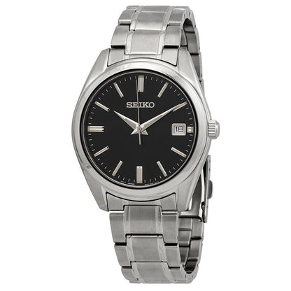 Seiko Essentials SUR311 men's quartz watch with a black dial, silver-tone hour markers, date window, and stainless steel bracelet