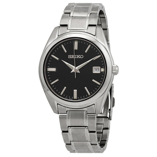 Seiko Essentials SUR311 men's quartz watch with a black dial, silver-tone hour markers, date window, and stainless steel bracelet