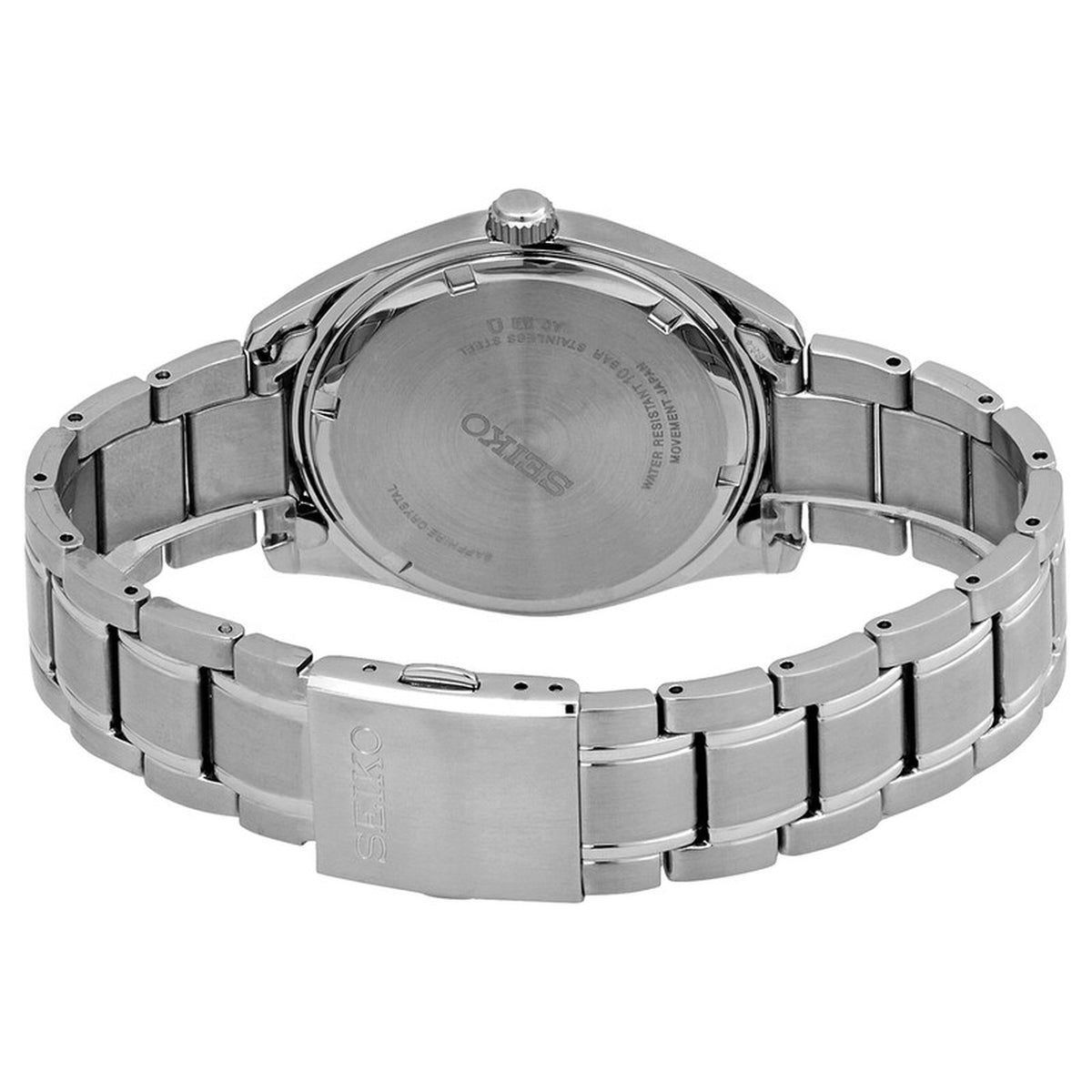 Seiko Essentials SUR311 men's quartz watch back case and stainless steel bracelet clasp