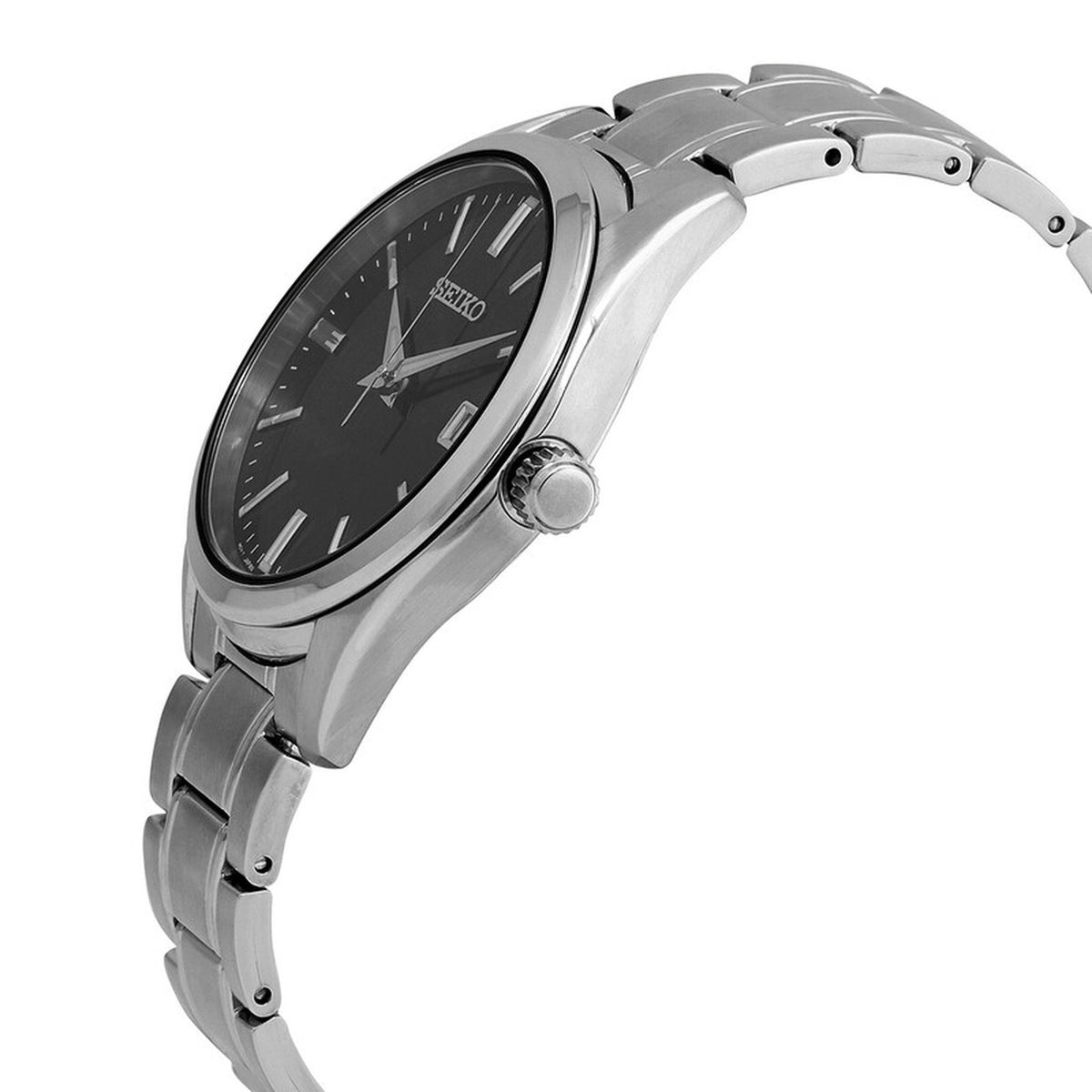 Seiko Essentials SUR311 men's quartz watch side profile highlighting the crown and polished stainless steel case