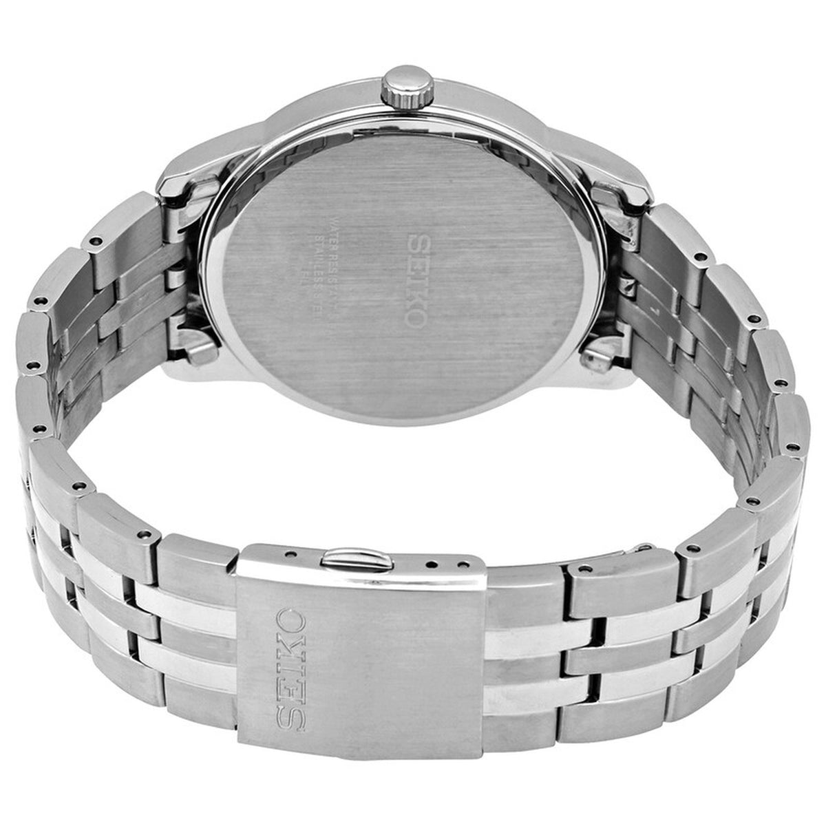 Seiko Essentials SUR399 stainless steel caseback and folding clasp bracelet