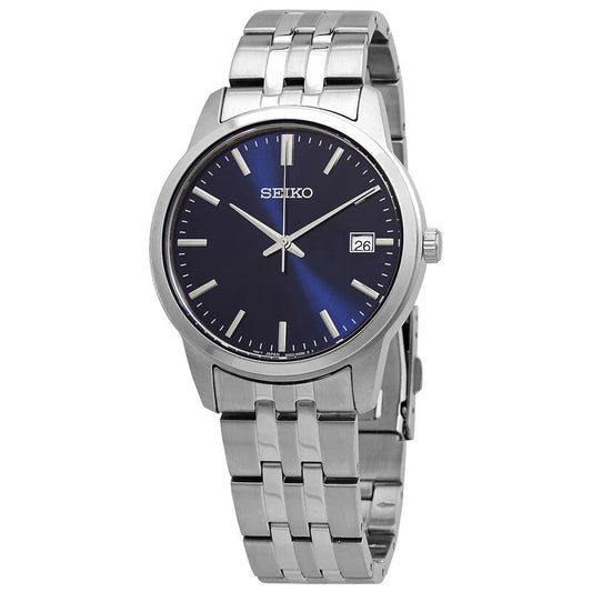 Seiko Essentials SUR399 men's quartz watch with blue sunray dial, silver index markers, date window, and stainless steel bracelet