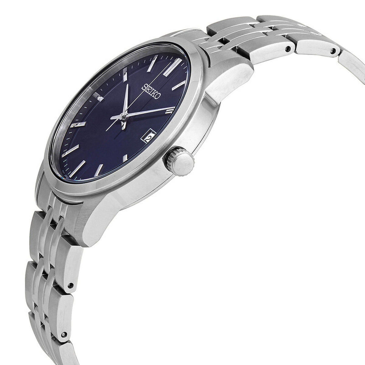 Seiko Essentials SUR399 profile angle displaying the polished crown and stainless steel case