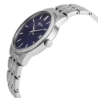 Seiko Essentials SUR399 profile angle displaying the polished crown and stainless steel case
