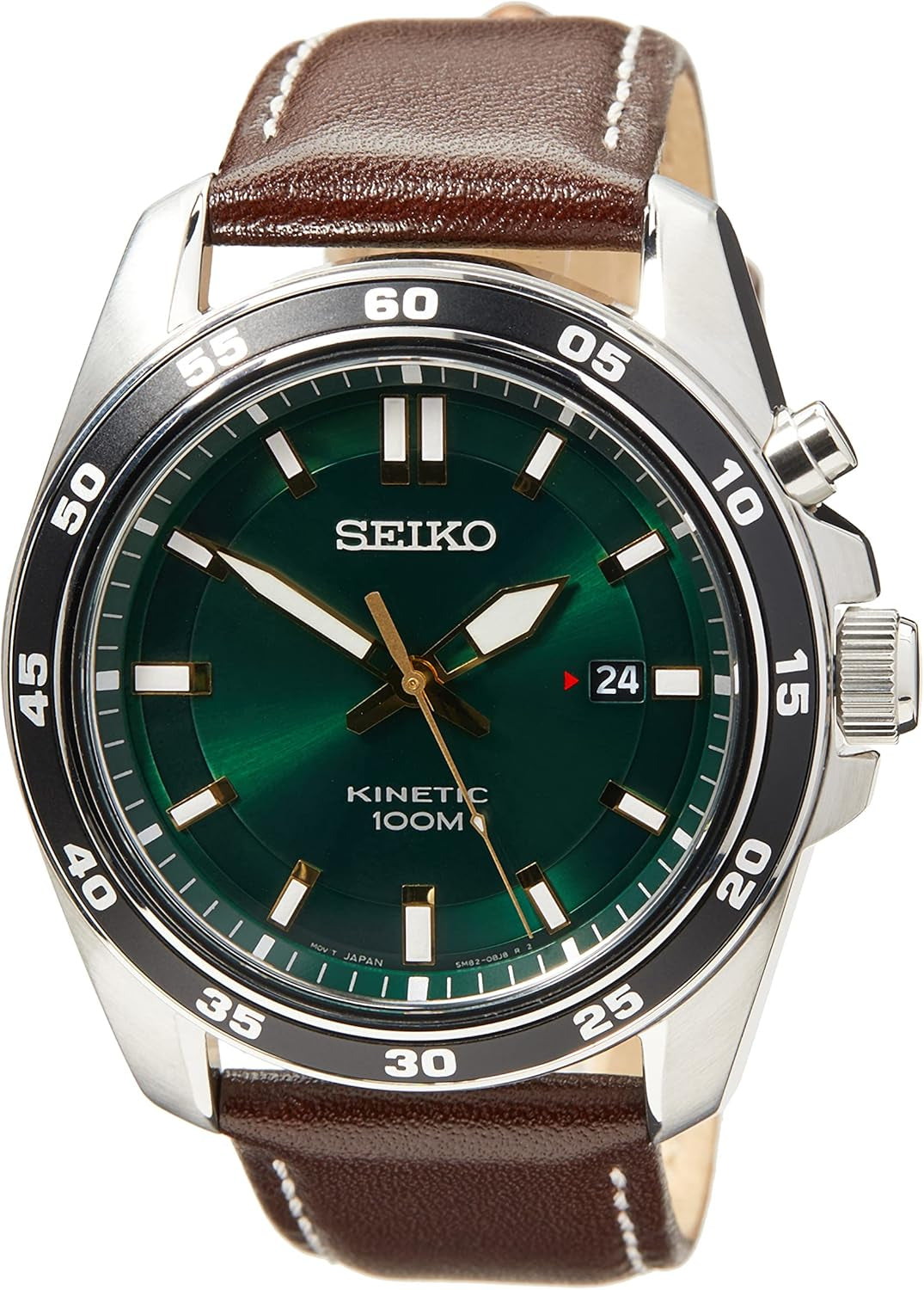 Reloj Seiko Kinetic para hombre fotografiado de frente en posición vertical, con esfera verde, caja de acero y correa de piel marrón.
