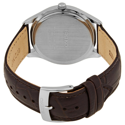 Seiko Noble SUR421 stainless steel caseback and brown leather strap with buckle closure.