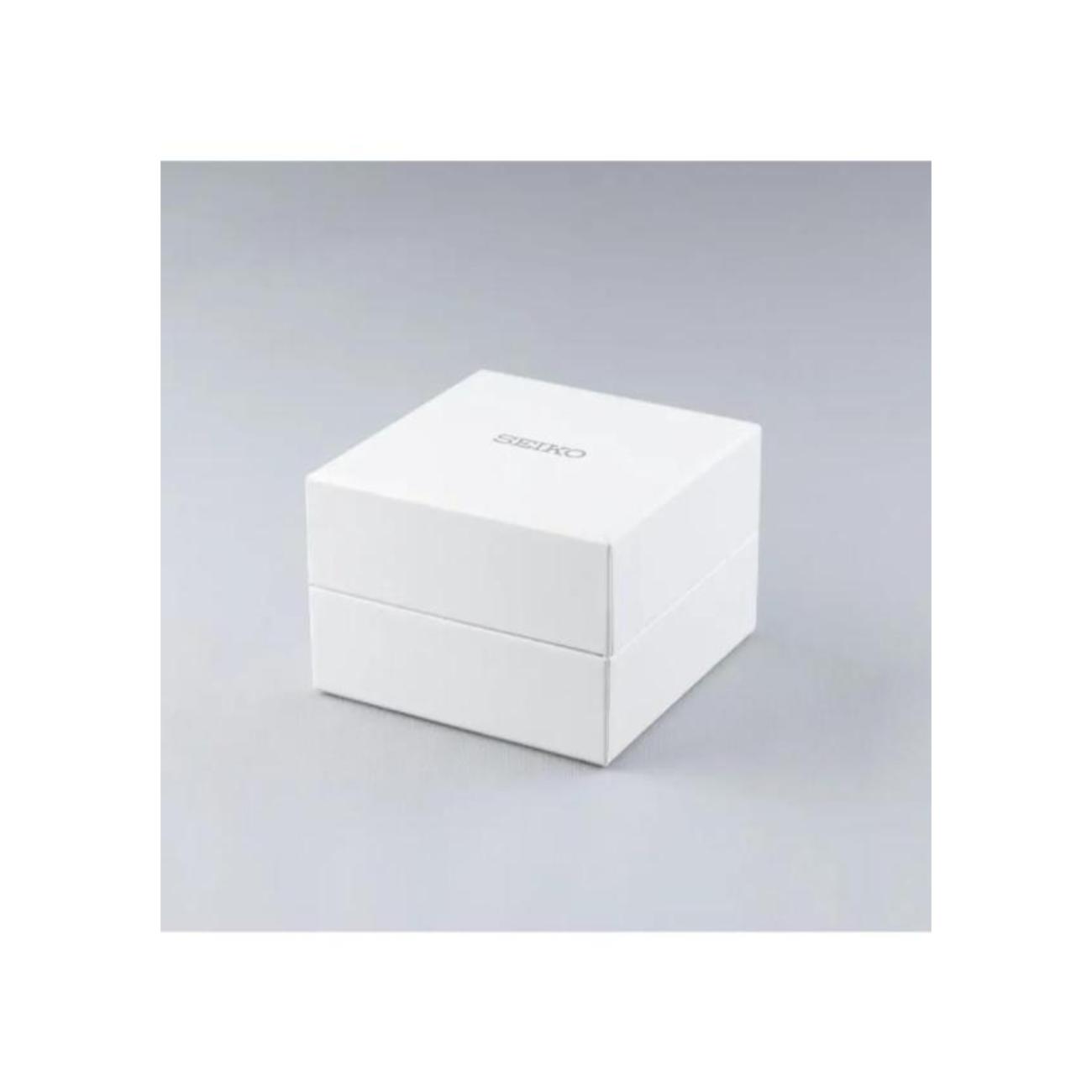 Seiko original watch presentation box in white with minimalist design and Seiko logo on the lid.