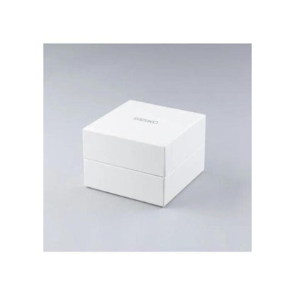 Seiko original watch presentation box in white with minimalist design and Seiko logo on the lid.
