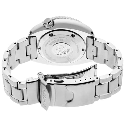 Seiko Prospex SRPJ35 automatic dive watch with engraved stainless steel caseback, stainless steel bracelet and secure folding dive clasp detail.
