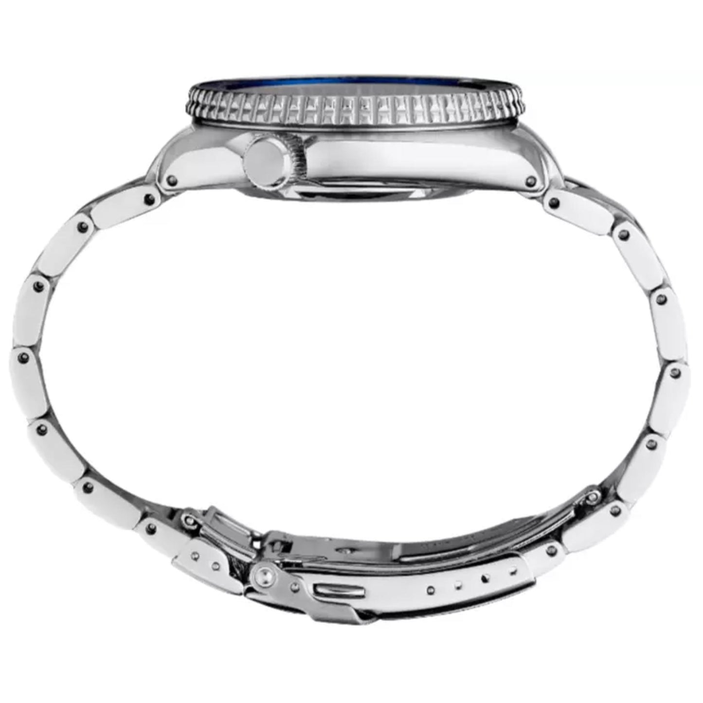 Seiko Prospex SRPJ35 automatic dive watch with stainless steel case, textured unidirectional bezel and stainless steel bracelet shown in side profile.