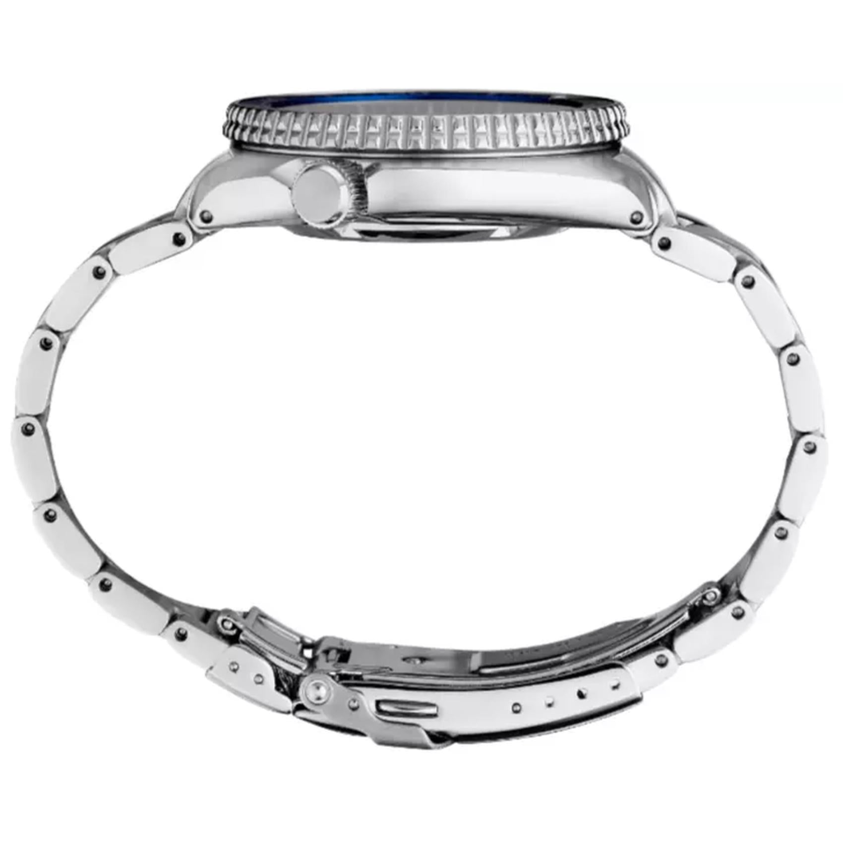 Seiko Prospex SRPJ35 automatic dive watch with stainless steel case, textured unidirectional bezel and stainless steel bracelet shown in side profile.