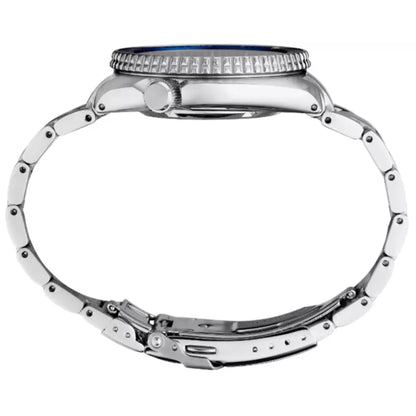 Seiko Prospex SRPJ35 automatic dive watch with stainless steel case, textured unidirectional bezel and stainless steel bracelet shown in side profile.