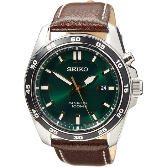 Reloj Seiko SKA791P1 con esfera verde y correa de piel marrón, vista frontal