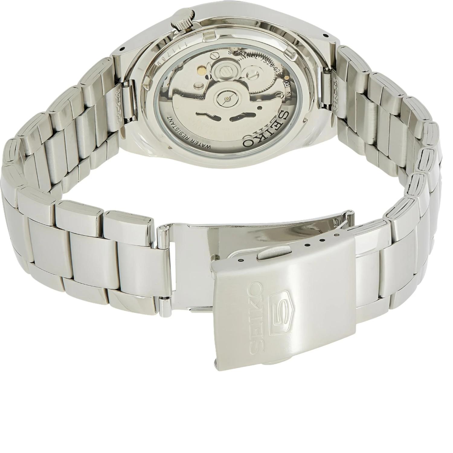 Seiko SNK615K with transparent caseback showing automatic movement and stainless steel bracelet with deployant clasp.