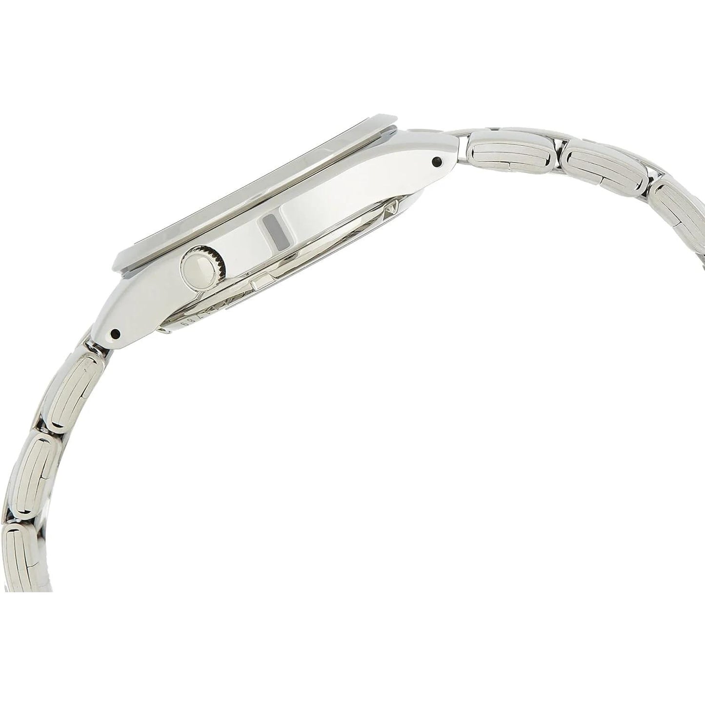 Seiko SNK615K side profile with stainless steel case, crown and stainless steel bracelet.