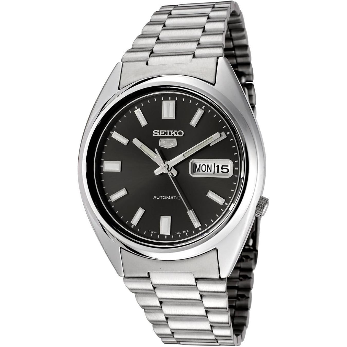 Seiko SNXS79K1 automatic watch with black dial, day-date display, stainless steel case and stainless steel bracelet.