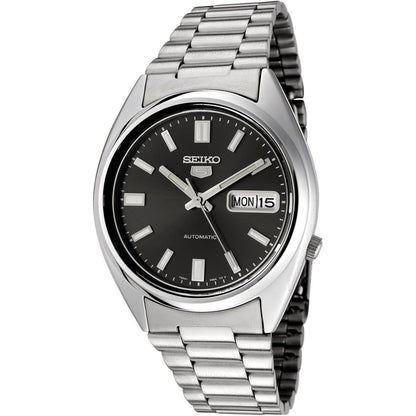 Seiko SNXS79K1 automatic watch with black dial, day-date display, stainless steel case and stainless steel bracelet.