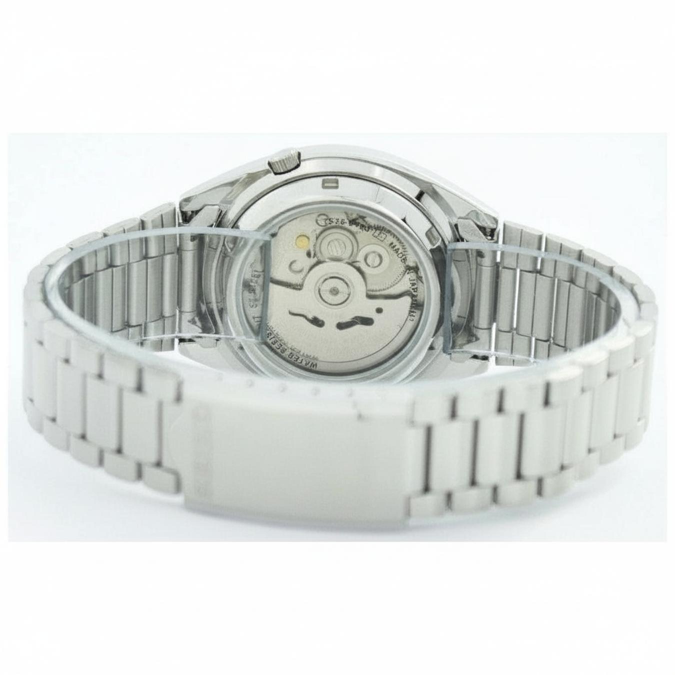 Seiko SNXS79K1 with transparent caseback showing automatic movement, stainless steel case and stainless steel bracelet.