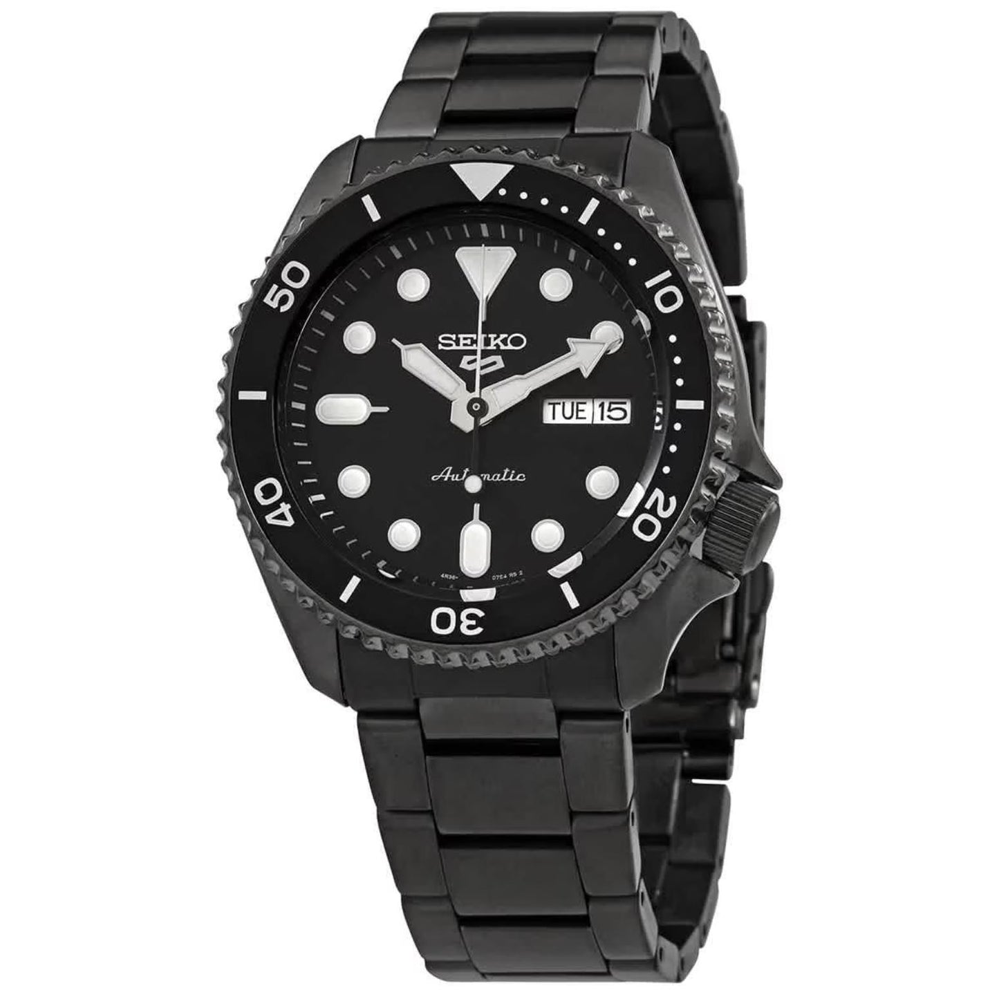 Seiko SRPD65K1 mens automatic dive watch with black dial, luminous markers, day date display and black stainless steel bracelet